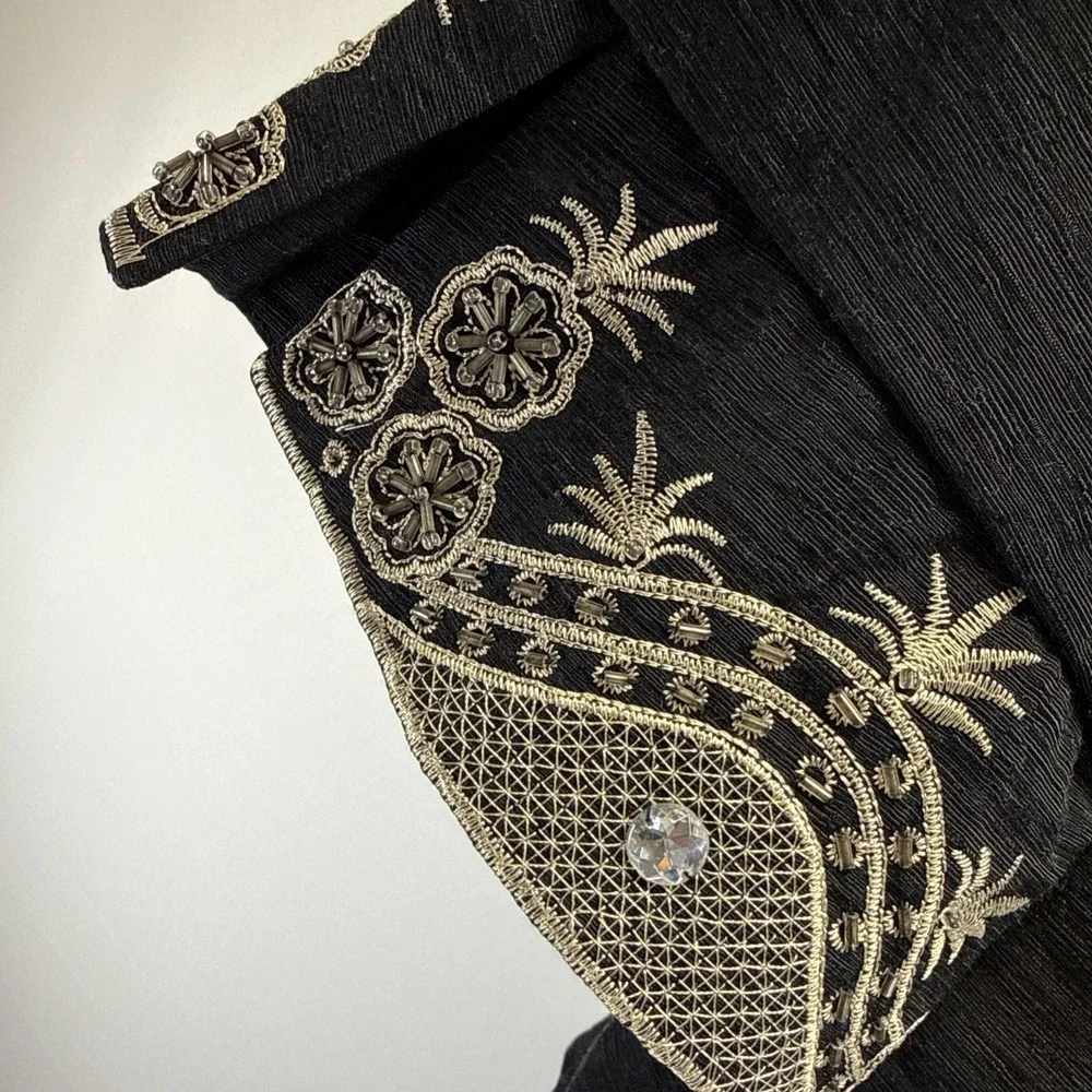 Silk Land Women's Jacket Size 2X‎ Black Gold Beaded Bling Button Up Tunic Lined